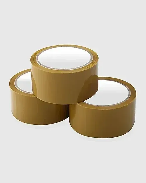 Three rolls of brown tape stacked in a pyramid on a light grey background.
