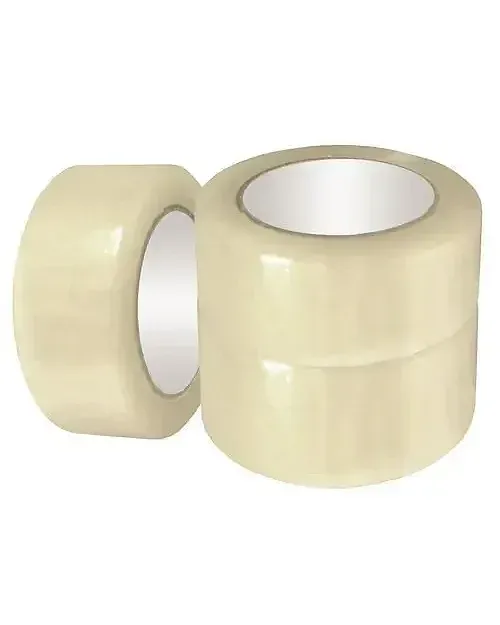 Three rolls of transparent tape on a white background, two stacked and one on its side.